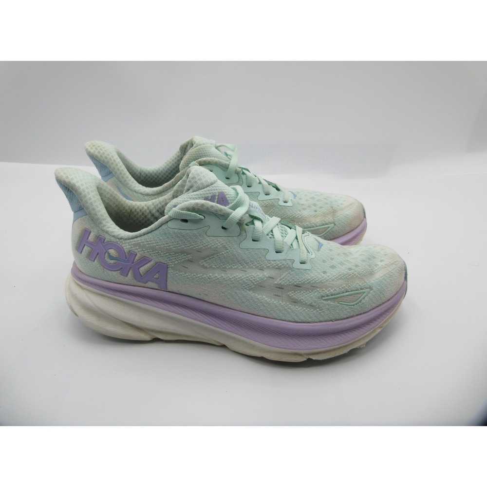 Hoka One One Clifton 9 Running Shoes Womens Size 7.5 Mint Green Purple Sneakers